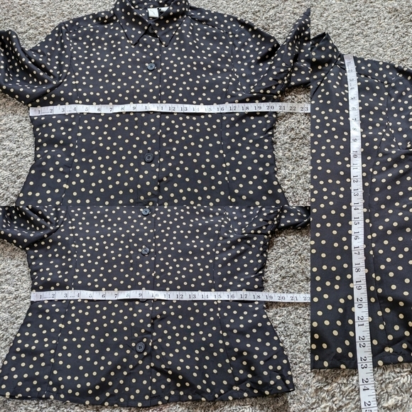 LSL black brown polka dot 2/3 sleeve button up silk shirt L - Picture 6 of 7